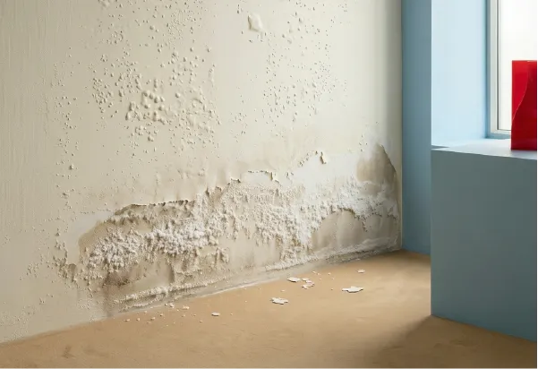 Pared con signos de humedad por capilaridad en una vivienda de Madrid