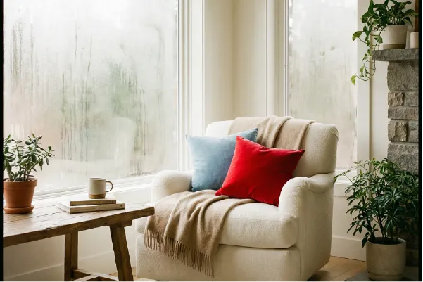 Ventana con condensación y ambiente interior húmedo en Madrid