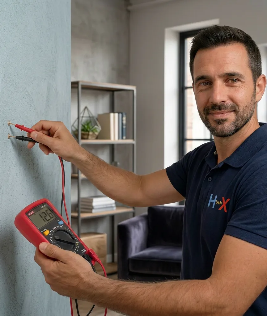 Técnico de HUMIX Madrid revisando un caso de humedad en una vivienda